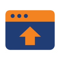 Upload icon: orange browser header, blue body, with an upward arrow indicating file upload